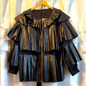 Genuine Leather Black Ruffled Women's Jacket